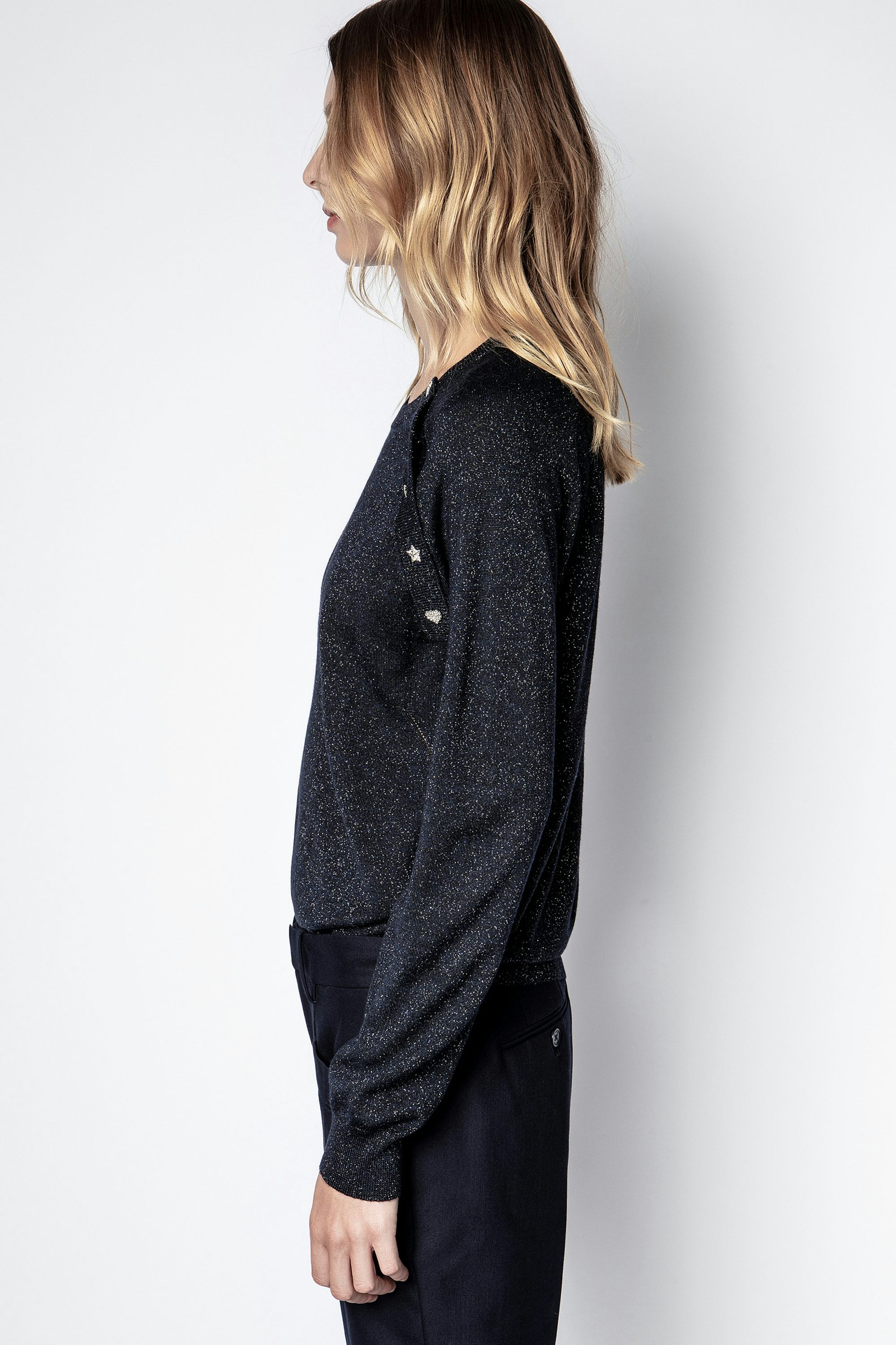 Reglis Lurex Sweater - Women's navy blue merino wool sweater